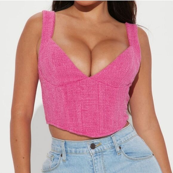 Fuchsia pink tweed cropped V neck corset top (M) - Picture 1 of 6